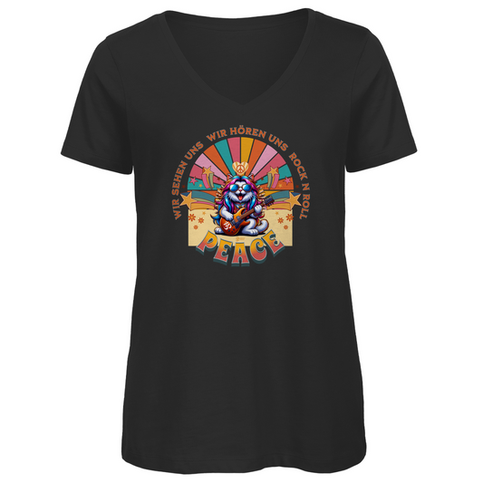 Damen Premium Bio V-Neck T-Shirt Cat Peace Front