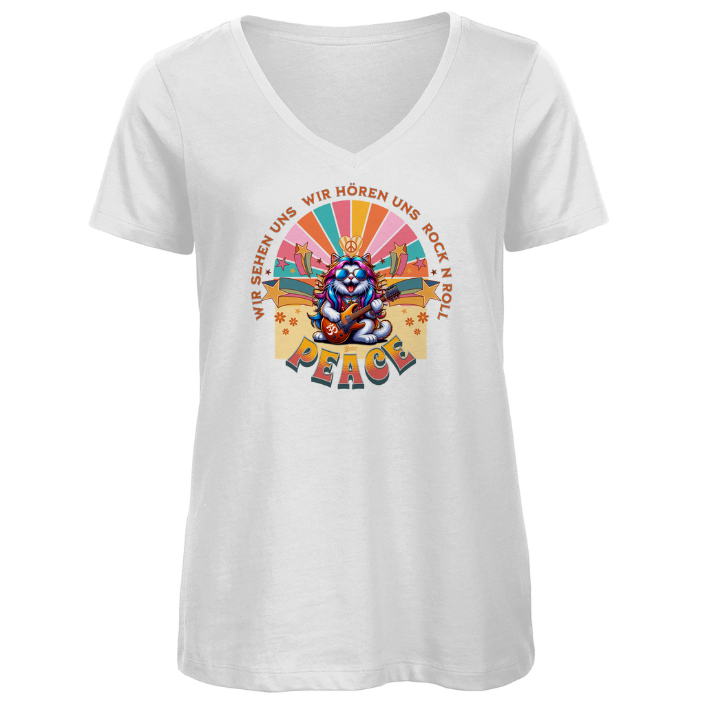 Damen Premium Bio V-Neck T-Shirt Cat Peace Front